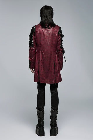 Back view of model wearing Punk Rave Y-349 red faux leather coat with black lace-up sleeve details and platform boots on gray background.