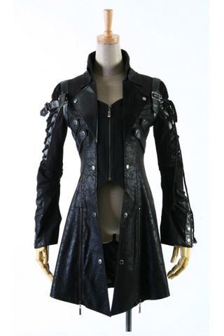 Rogue Queen black punk Gothic jacket displayed on mannequin with crack-textured fabric, sleeve lacing, and faux layered vest