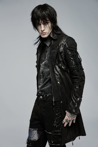 Model wearing Punk Rave Y-349 black men's gothic jacket showing buckled shoulder straps and sleeve lacing