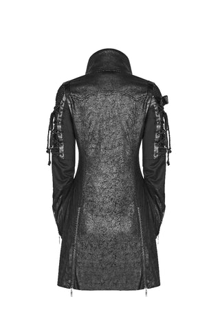 Back view of Punk Rave Y-349 black men's gothic long jacket showing textured finish and lace-up sleeve panels