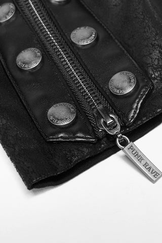 Close-up of Punk Rave Y-349 black men's jacket cuff with zipper, branded metal pull and snap buttons