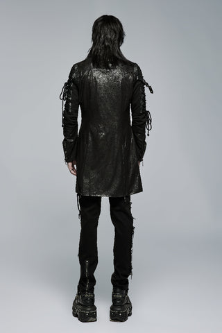 Back view of model wearing Punk Rave Y-349 black men's gothic jacket showing the longline fit and lace-up sleeves
