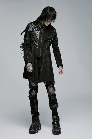 Full-length view of model wearing Punk Rave Y-349 black men's gothic jacket showing its long fitted cut