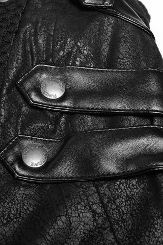 Close-up of Punk Rave Y-349 black men's jacket showing leather-look strap trim and branded metal snap buttons