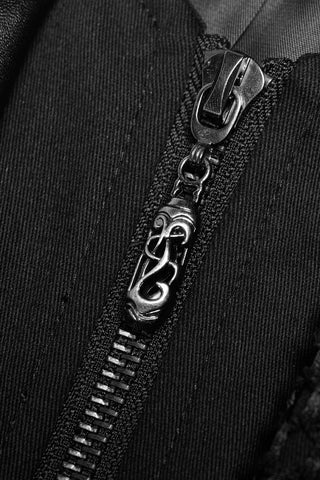 Close-up of Punk Rave Y-349 black men's jacket front zipper with decorative metal pull