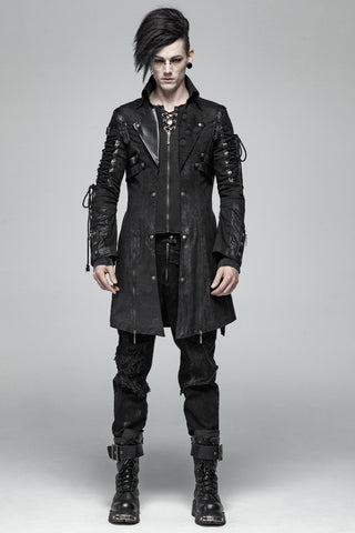 Model wearing Punk Rave Y-349 black men's gothic leather-look jacket with standing collar and lace-up sleeves