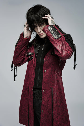 Model lifting arms to reveal sleeve and strap details on the Punk Rave Y-349 red faux leather coat with black accents – gray background.