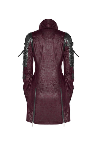 Back view of long burgundy Gothic coat with black textured shoulder panels and sleeve lacing, shown on a white background.