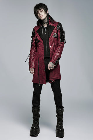 Model wearing Punk Rave Y-349 red faux leather coat with black shoulder straps, paired with black pants and platform boots – standing on gray background.