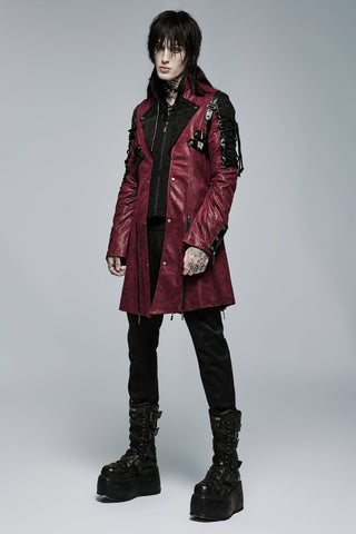 Model wearing Punk Rave Y-349 red faux leather coat with black panel details and platform boots – full body front angle on gray background.