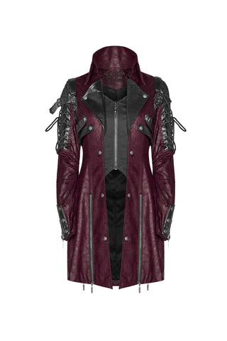 Front view of Punk Rave Y-349 red faux leather coat with black panels, lace-up sleeves, high collar, and zipper details on a white background.