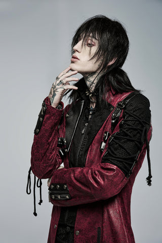 Close-up of model highlighting the shoulder strap and textured sleeve details of the Punk Rave Y-349 red faux leather coat – gray background.