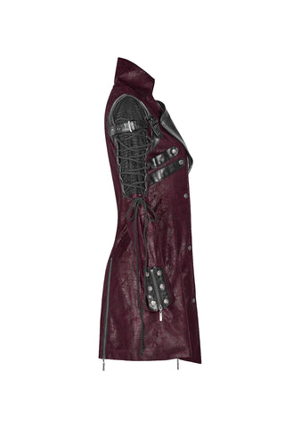 Side view of Punk Rave Y-349 long red coat showing black textured shoulder panels, lace-up sleeve, and zipper detail on a white background.
