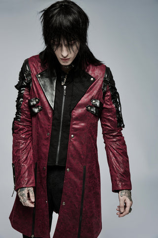 Model wearing Punk Rave Y-349 red distressed faux leather coat with black shoulder straps and asymmetrical zip front – gray background.
