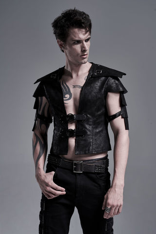 Man wearing Punk Rave Y-632 black distressed vest with detachable shoulder pauldrons and double buckle front