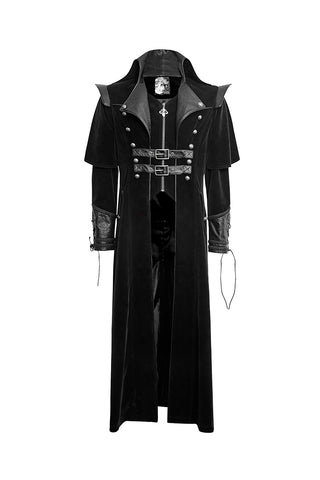 Flat lay of a long black Gothic coat with double buckle chest straps, faux leather lapels, high collar, and engraved sleeve detailing — Punk Rave Y-636