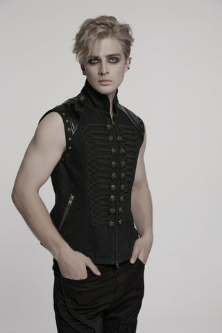 Model wearing the Punk Rave Y-711 black Gothic military vest with braided chest trim, embossed buttons and zipped side pockets.