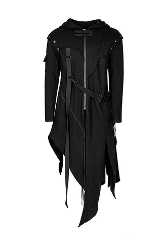 Punk Rave Y-745 black Gothic hooded coat with asymmetrical hem and strap detailing, laid flat on a white background