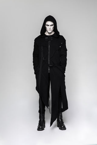 Model wearing Punk Rave Y-745 black hooded Gothic coat with asymmetrical hem and strap details, on a white background