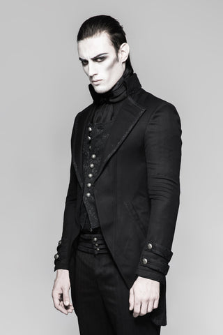 Men’s black Victorian gothic jacket on model, side angle with high collar detail