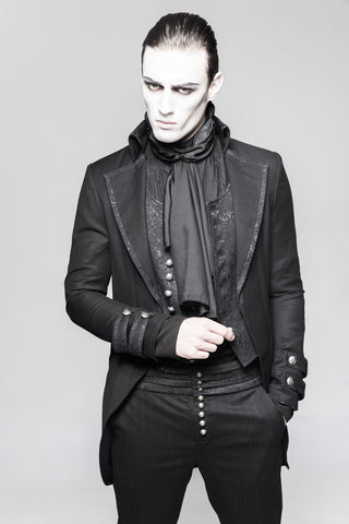 Men’s black Victorian gothic jacket on model with high collar, hands raised detail