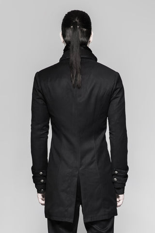 Men’s black Victorian gothic jacket on model, back view