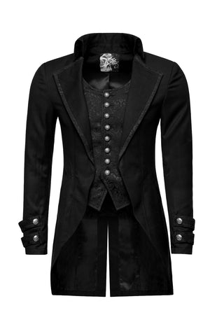 Men’s black Victorian gothic jacket front view with high collar and tailored fit
