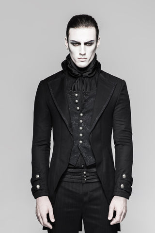 Punk Rave Y-750 black Victorian gothic men’s jacket with high collar and buttoned vest detail