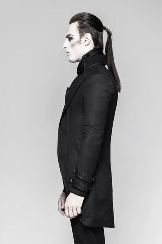 Men’s black Victorian gothic jacket on model, full side profile showing high collar and tailored fit