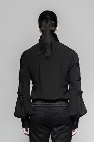 Rear view of male model wearing Punk Rave Y-752 black Gothic shirt with pleated sleeves and high collar, styled with belted pants, grey background