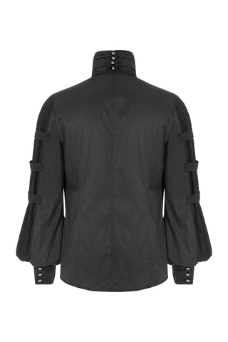 Back view of Punk Rave Y-752 black Gothic shirt with pleated sleeves, strap details, and high collar, flat lay on white background