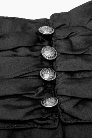 Close-up of Punk Rave Y-752 shirt showing ruched black fabric and decorative silver buttons on high collar