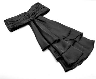 Detachable black cravat from Punk Rave Y-752 shirt, ruched neckband with layered satin ruffles, flat lay on white background