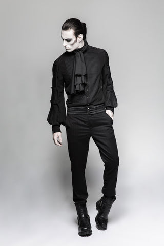 Full-body view of male model in Punk Rave Y-752 black Gothic shirt with cravat and pleated sleeves, paired with high-waisted pants and combat boots, grey background
