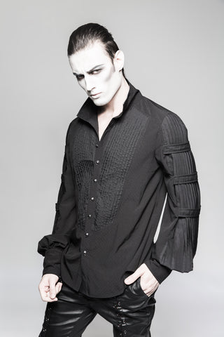 Male model wearing Punk Rave Y-752 black Gothic shirt with pleated sleeves and open collar, styled with black pants, grey background