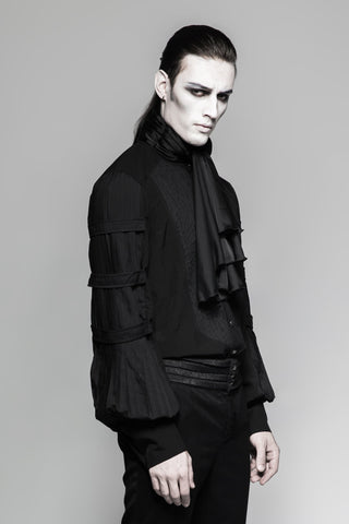 Male model in Gothic black shirt with pleated sleeves and layered cravat, side-facing pose with hands down, grey background