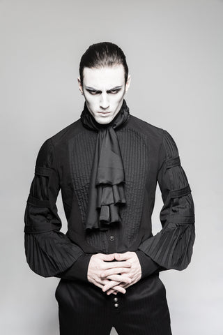 Punk Rave Y-752 – Gothic black Victorian-style shirt with pleated ruffle sleeves and cravat, worn by male model, grey background