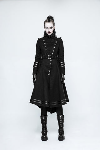 Female model wearing punk rave y-766 a black Gothic military-style coat with silver buttons and a flared skirt, standing against a white background