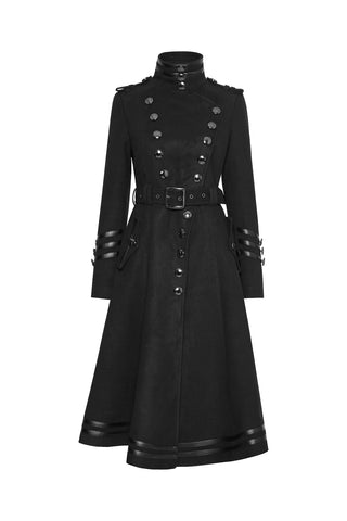 Punk Rave WY-766 Black women's Gothic military-style coat with silver buttons, belted waist, and flared hem, displayed on a white background