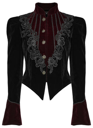 Black and burgundy Gothic jacket with high collar, floral embroidery, flared cuffs and pointed front hem