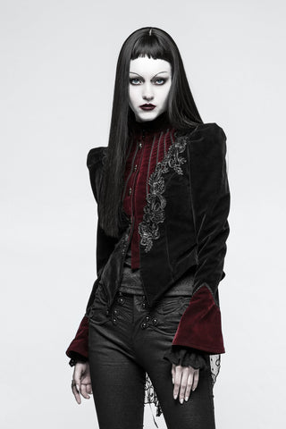 Black and burgundy Gothic jacket with high collar, fitted waist and ornate floral embroidery