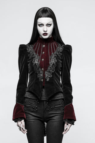 Front view of black and burgundy Gothic jacket with high collar, structured shoulders and grey floral embroidery
