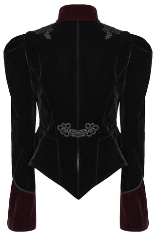 Back view of black Gothic jacket with structured shoulders, fitted waist, decorative chain detail and pointed peplum hem