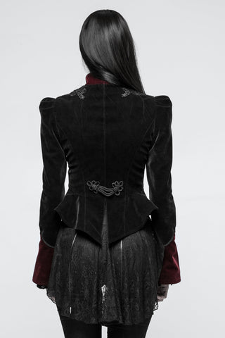 Back view of black Gothic jacket with structured shoulders, fitted waist and pointed peplum hem