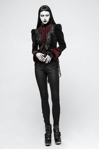 Full front view of black and burgundy Gothic jacket with structured shoulders and ornate floral embroidery