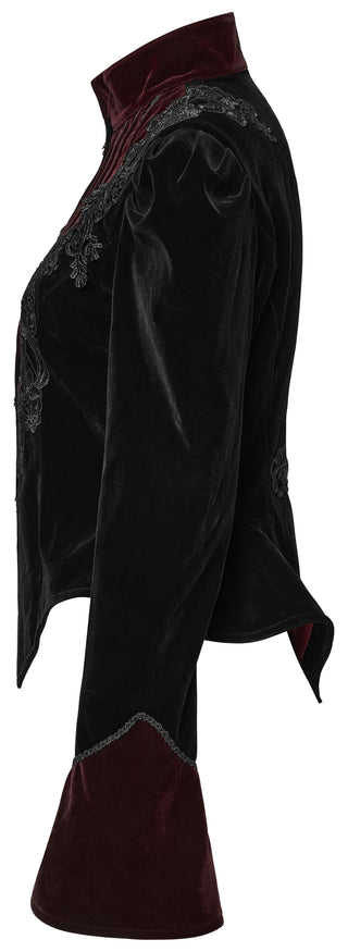 Side view of black Gothic jacket with structured shoulder, burgundy high collar and flared cuff