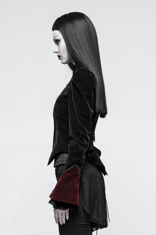 Side view of black Gothic jacket with fitted waist, pointed hem and burgundy flared cuffs