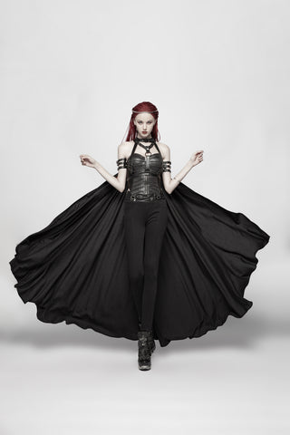 Model wearing the Punk Rave Y-968 black Gothic underbust skirt with dramatic floor-length drape, paired with a harness-style top, on a plain white background.