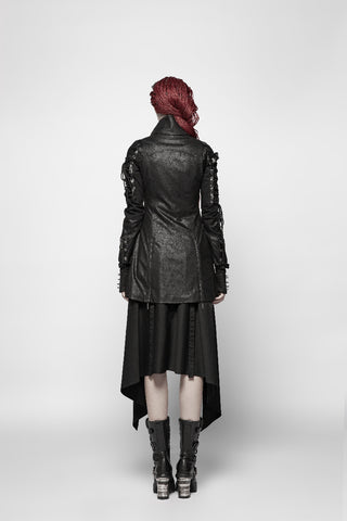 Back view of Punk Rave Y-349 black crack-textured Gothic jacket with high-low hem