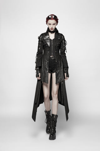 Model walking in Punk Rave Y-349 black Gothic jacket with crack-textured finish and punk sleeve lacing